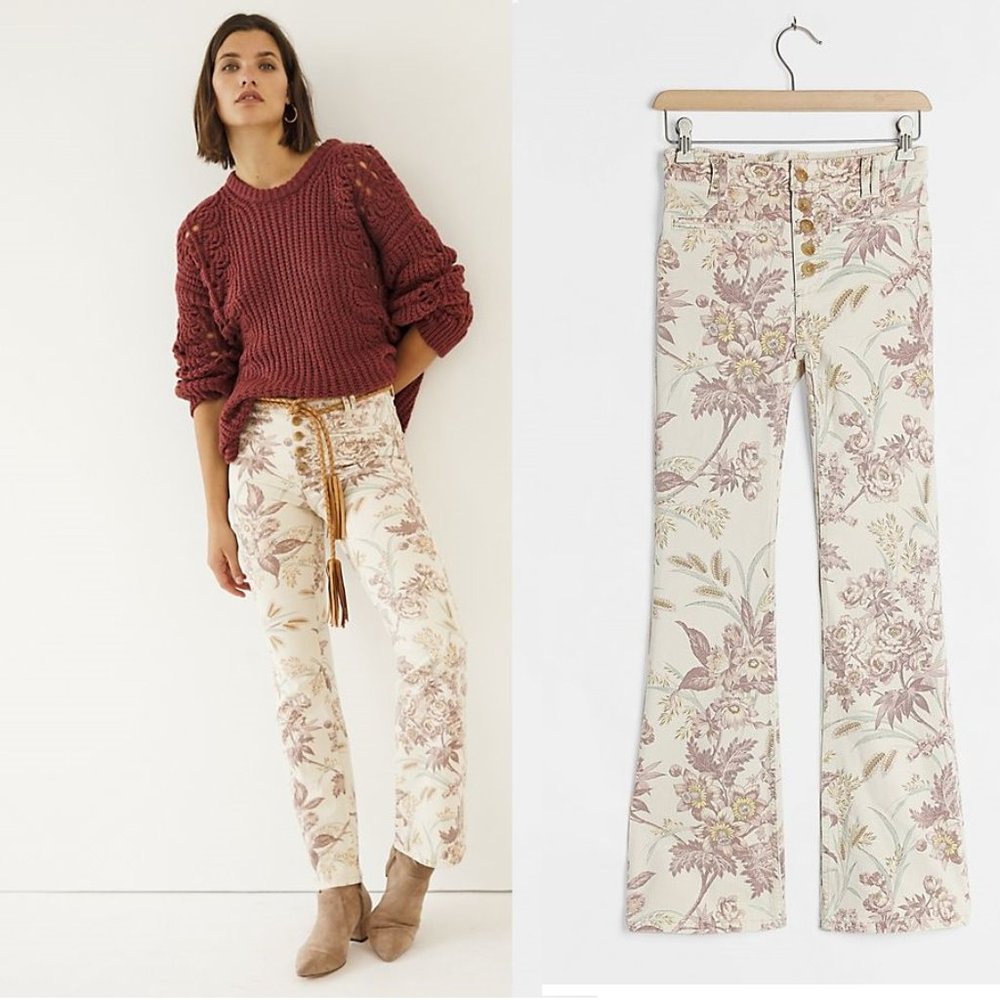 Anthropologie Floral Boot Cut Jeans - Cream and Pink